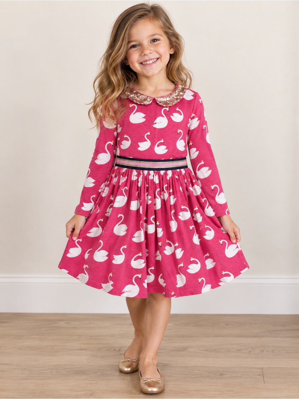 Mini Boden Girls Swan Print Dress Sequin Collar Size 6-7Y